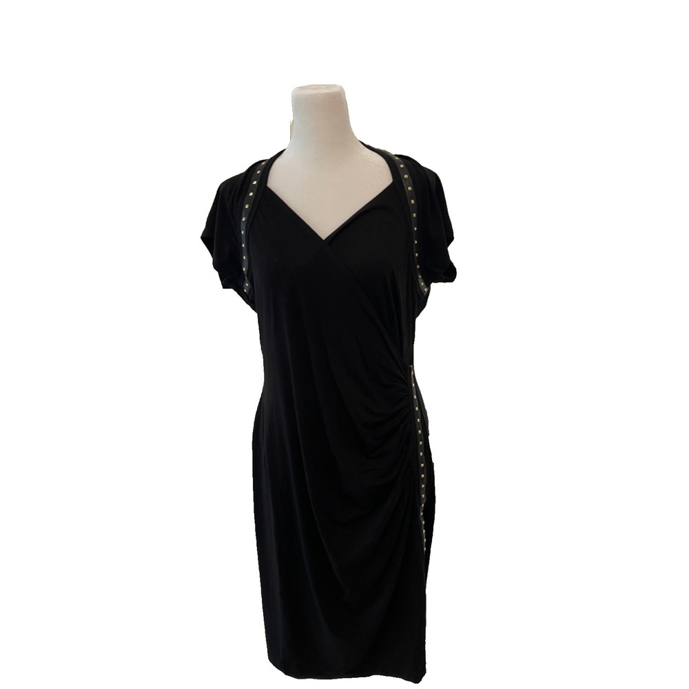 Carmen Marc Valvo Dress Black Faux Leather Studded Trim Draped Stretchy XL